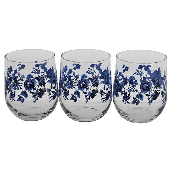 3 Royal Norfolk Blue Floral Juice Glasses Set 16oz black accent flowers 4" - Picture 1 of 8